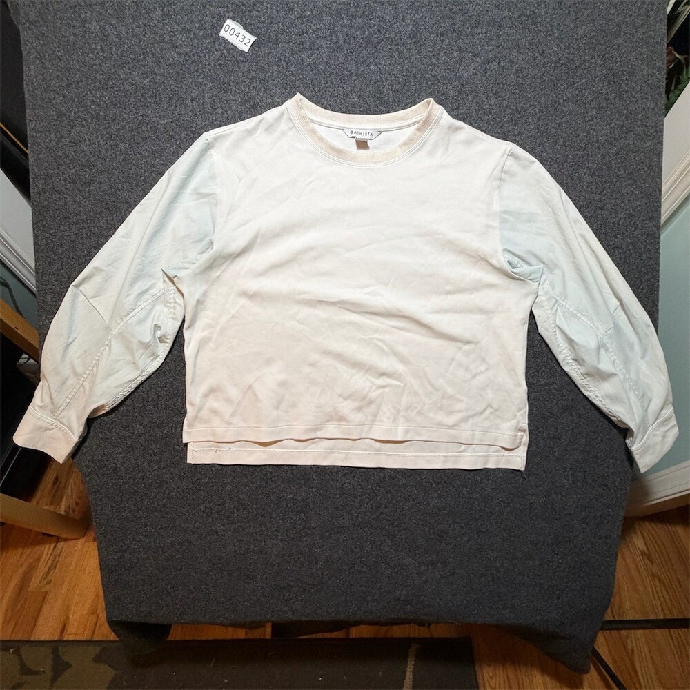 Athleta Top Womens Size L light pink & mint Crew Neck Long Sleeve Cropped Boxy